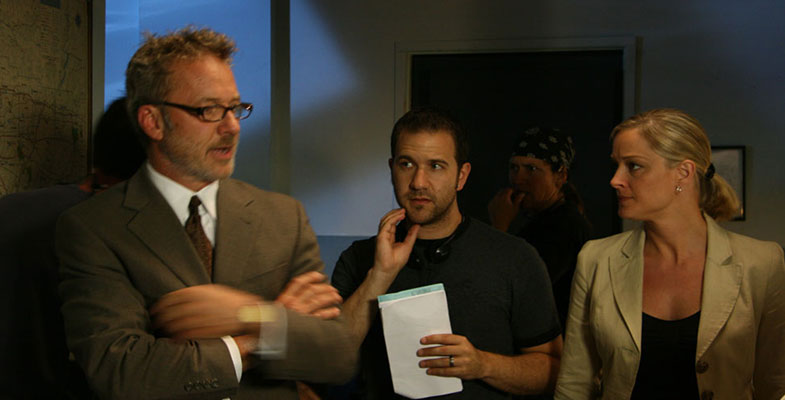 Contemplating a scene on the set of 2:13 (Mark Thompson, Charles Adelman, Teri Polo)