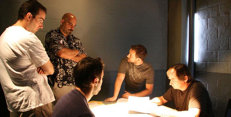 Interrogation scene with Ari Halpern (Script Supervisor) , David Armstrong (DP) and Charles Adelman (Director) - on the set of 2:13